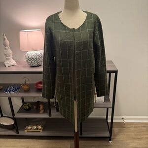 Oliver by S&CIO Longline Open-Front Cardigan – Olive Windowpane – Size M